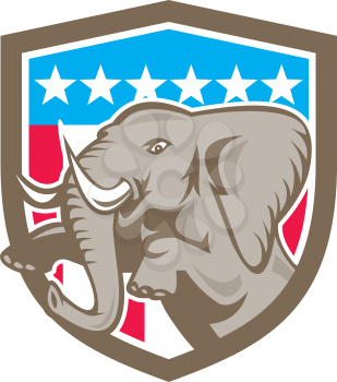 Illustration of an elephant prancing looking to the side set inside shield crest with stars and strips in the background done in retry style. 