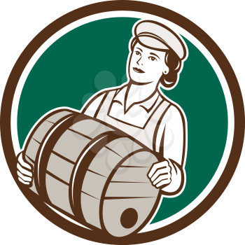Illustration of a female bartender worker carrying keg set inside circle on isolated  background done in retro style. 