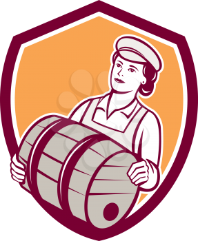 Illustration of a female bartender worker carrying keg set inside shield crest on isolated  background done in retro style. 
