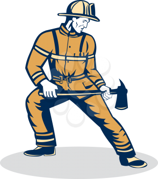 Illustration of a fireman fire fighter emergency worker standing holding a fire axe looking to the side set on isolated white background done in retro style.