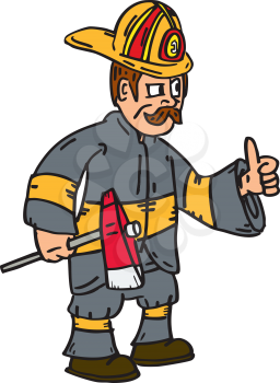 Illustration of a fireman fire fighter emergency worker thumbs up holding axe facing to the side set on isolated white background done in cartoon style. 
