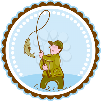 Illustration of a fly fisherman with fish on reel set inside rosette shape on isolated background done in cartoon style. 