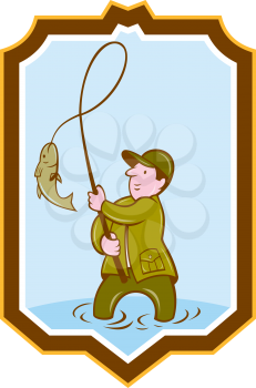 Illustration of a fly fisherman with fish on reel set inside shield crest shape on isolated background done in cartoon style. 