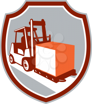 Illustration of a forklift truck and driver at work lifting handling box crate set inside circle on isolated background done in retro style. 