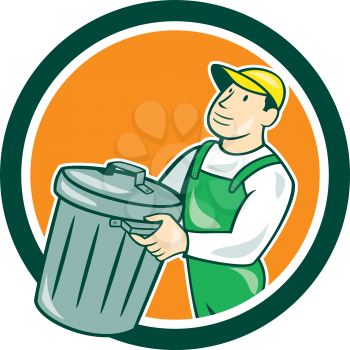 Illustration of a garbage collector carrying garbage waste rubbish bin set inside circle shape on isolated background done in cartoon style.