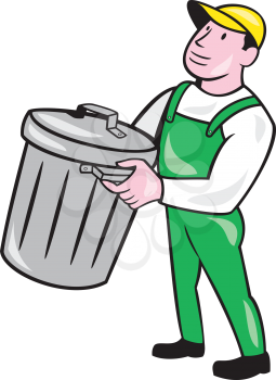 Illustration of a garbage collector carrying garbage waste rubbish bin looking to the side on isolated white background done in cartoon style.