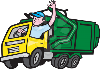 Illustration of a garbage rubbish truck with driver waving hello on isolated white background done in cartoon style. 
