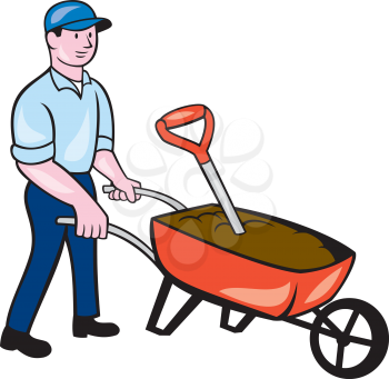 Illustration of male gardener walking pushing wheelbarrow viewed from side set on lisolated white background done in cartoon style.