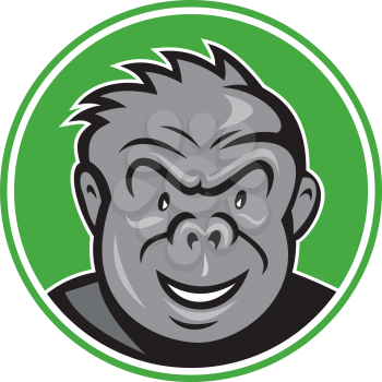 Illustration of an angry gorilla ape head set inside circle on isolated background done in cartoon style. 
