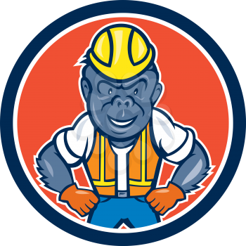 Illustration of an angry gorilla ape construction worker with hard hat and hands on hips set inside circle on isolated background done in cartoon style. 