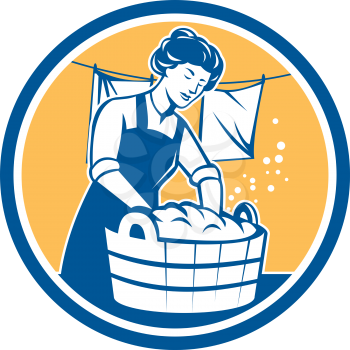 Illustration of a housewife washing laundry using wooden bucket with clothes hanging in line set inside circle done in retro style.