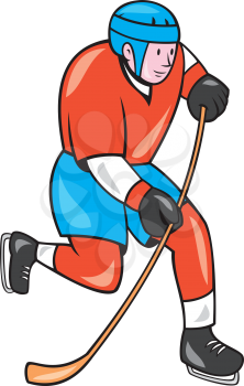 Illustration of an ice hockey player with hockey stick set on isolated white background done in cartoon style.