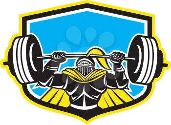 Illustration of black knight in full armor lifting a barbell set inside shield viewed from front done in retro style on isolated white background.