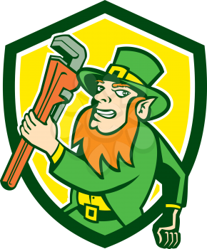 Illustration of a leprechaun holding monkey wrench running facing side set inside shield crest on isolated background done in retro style. 