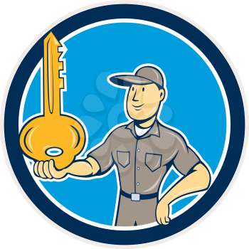 Illustration of a locksmith standing balancing key on palm hand set inside circle on isolated background done in cartoon style. 