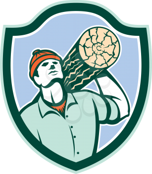 Illustration of a logger forester carrying a log of wood on shoulder looking up set inside shield crest on isolated background done in retro style.