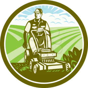 Illustration of a gardener riding on a vintage ride-on lawn mower set inside circle with field farm clouds sunburst in the background done in retro style. 
