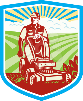 Illustration of a gardener riding on a vintage ride-on lawn mower set inside shield crest with grass field farm clouds sunburst in the background done in retro style. 