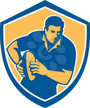 Illustration of a rugby player with ball running set inside shield crest on isolated background done in retro style.
