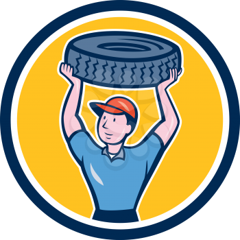 Illustration of a tireman mechanic holding tire over head set inside circle on isolated background done in cartoon style.