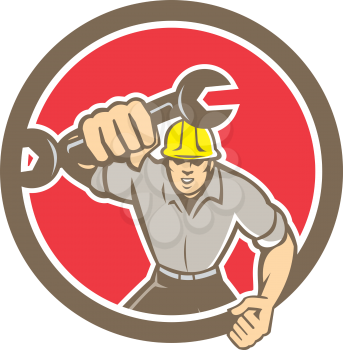Illustration of a mechanic running holding spanner wrench pumping fist set inside circle on isolated background done in retro style.