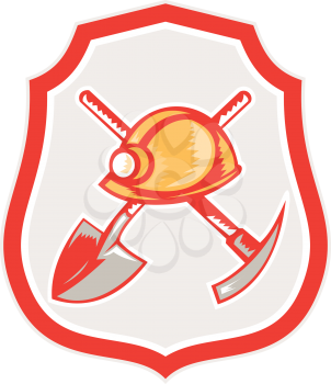 Illustration of a miner hardhat spade crossed pick axe set inside shield crest on isolated background done in retro style. 