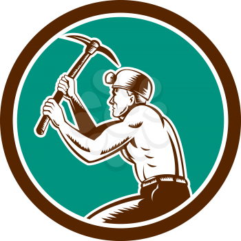 Illustration of a coal miner hardhat with crossed pick axe working viewed from the side set inside circle on isolated background done in retro style.