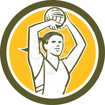 Illustration of a netball player shooting ball set inside circle on isolated background done in retro style. 