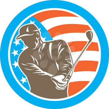 Illustration of an american golfer playing golf swinging club set inside circle with USA stars and stripes flag on isolated background done in retro style. 