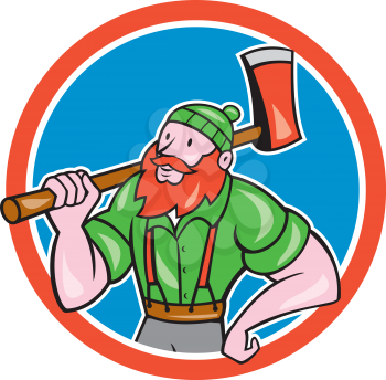 Illustration of a Paul Bunyan an American lumberjack sawyer forest holding an axe on shoulder looking up to side set inside circle shape done in cartoon style.