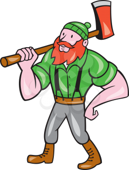 Illustration of a Paul Bunyan an American lumberjack sawyer forest holding an axe on shoulder looking up to side on isolated background done in cartoon style.