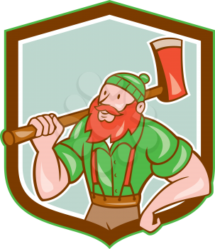 Illustration of a Paul Bunyan an American lumberjack sawyer forest holding an axe on shoulder looking up to side set inside shield crest shape done in cartoon style.