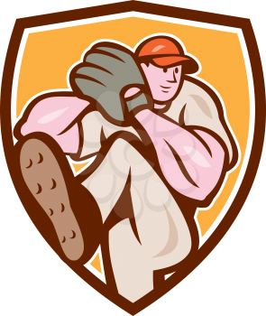 Illustration of an american baseball player pitcher outfilelder with leg up getting ready to throw ball set inside shield crest on isolated background done in cartoon style. 
