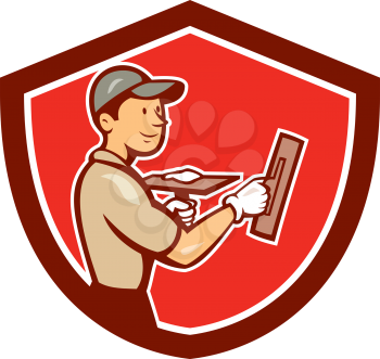Illustration of a plasterer masonry tradesman construction worker standing with trowel looking to the side set inside shield crest shape on isolated background done in cartoon style.