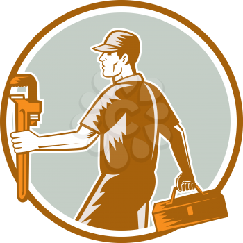 Illustration of a plumber walking carrying toolbox and holding monkey wrench set inside circle facing side on isolated background done in retro woodcut style. 