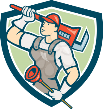 Illustration of a plumber looking up holding monkey wrench on shoulder and plunger viewed from the side set inside shield crest done in cartoon style on isolated background. 