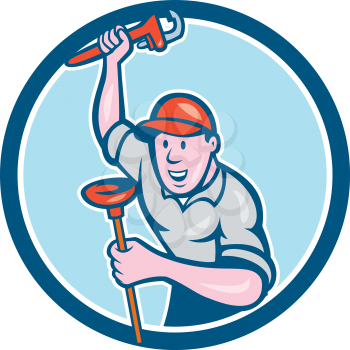 Illustration of a plumber holding monkey wrench with raise hands and plunger viewed from front set inside circle done in cartoon style on isolated background. 