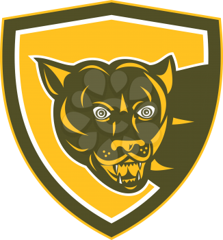 Illustration of a puma mountain lion head prowling set inside shield crest on isolated background done in retro style. 