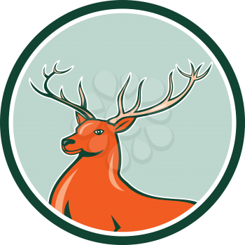 Illustration of a red stag deer buck head facing side set inside circle on isolated background done in cartoon style.