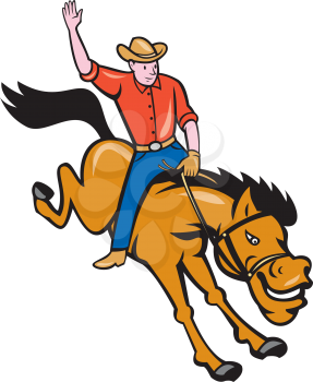 Illustration of rodeo cowboy riding bucking horse bronco on isolated white background done in cartoon style. 