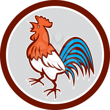 Illustration of a chicken rooster crowing looking up viewed from the side set inside circle on isolated background done in retro style. 