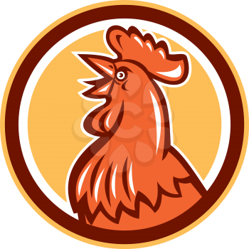 Illustration of a chicken rooster head crowing looking up viewed from the side set inside circle on isolated background done in retro style. 