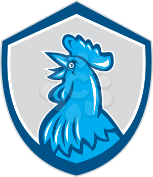 Illustration of a chicken rooster head crowing looking up viewed from the side set inside shield crest on isolated background done in retro style. 