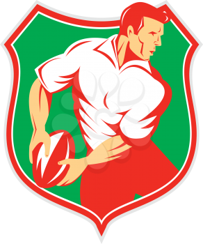 Illustration of a rugby player passing ball looking to the side set inside shield crest on isolated background done in retro style. 