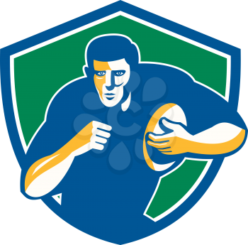 Illustration of a rugby player holding ball running charging fending facing front set inside shield crest on isolated background done in retro style. 