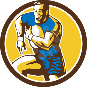Illustration of a rugby player holding ball running goose steps charging set inside circle on isolated background done in retro style. 