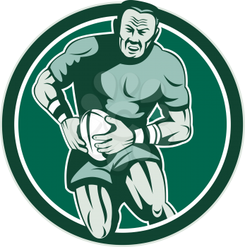 Illustration of a rugby player holding ball running charging attacking viewed from front set inside circle on isolated background done in retro style. 