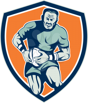 Illustration of a rugby player holding ball running charging attacking viewed from front set inside shield crest on isolated background done in retro style. 