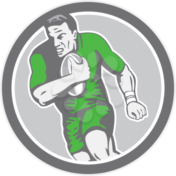 Illustration of a rugby player holding ball running charging set inside circle on isolated background done in retro style. 