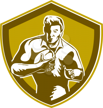 Illustration of a rugby player holding ball running charging fending viewed from front set inside shield crest on isolated background done in retro style. 